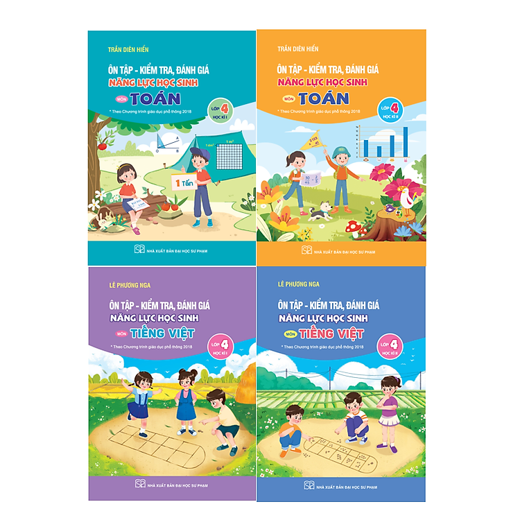 Sách - Combo 4 cuốn Ôn Tập - Kiểm tra, Đánh giá năng lực học sinh môn Toán + Tiếng Việt Lớp 4