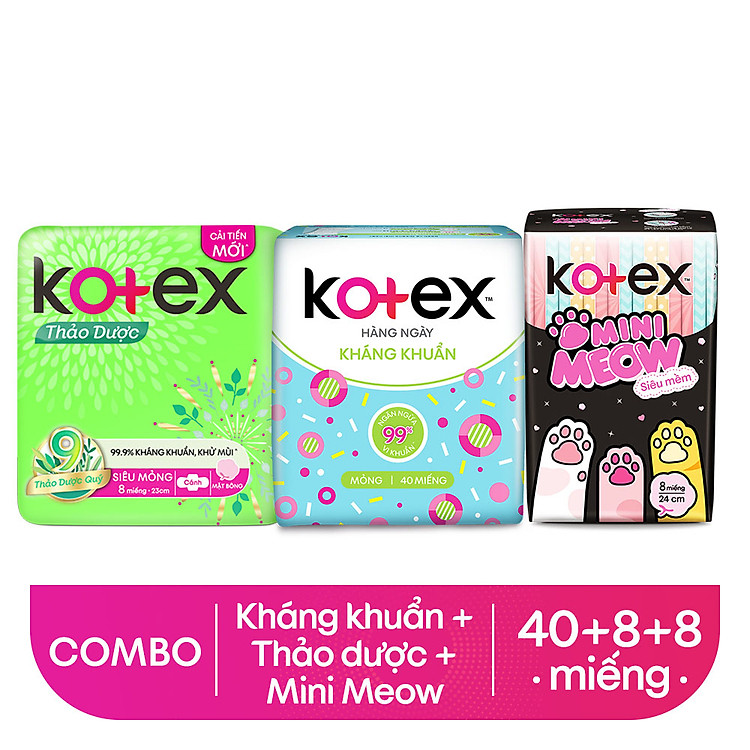 Combo Băng Vệ Sinh Kotex hằng ngày kháng khuẩn 40 miếng + Thảo dược SMC 8 miếng + Mini Meow SMC 8 miếng