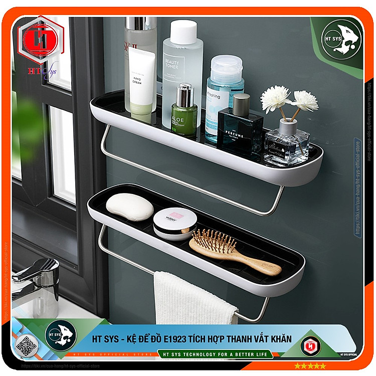 Kệ nhà tắm dán tường HT SYS-ECOCO-E1923-chất liệu ABS cao cấp kèm thanh treo khăn SUS 304