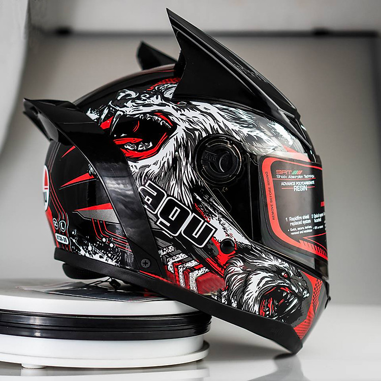 Combo Mũ Bảo Hiểm Fullface AGU Tem Hot 2019 + Sừng + Đuôi Gió_ Kính chống bụi, chống nắng