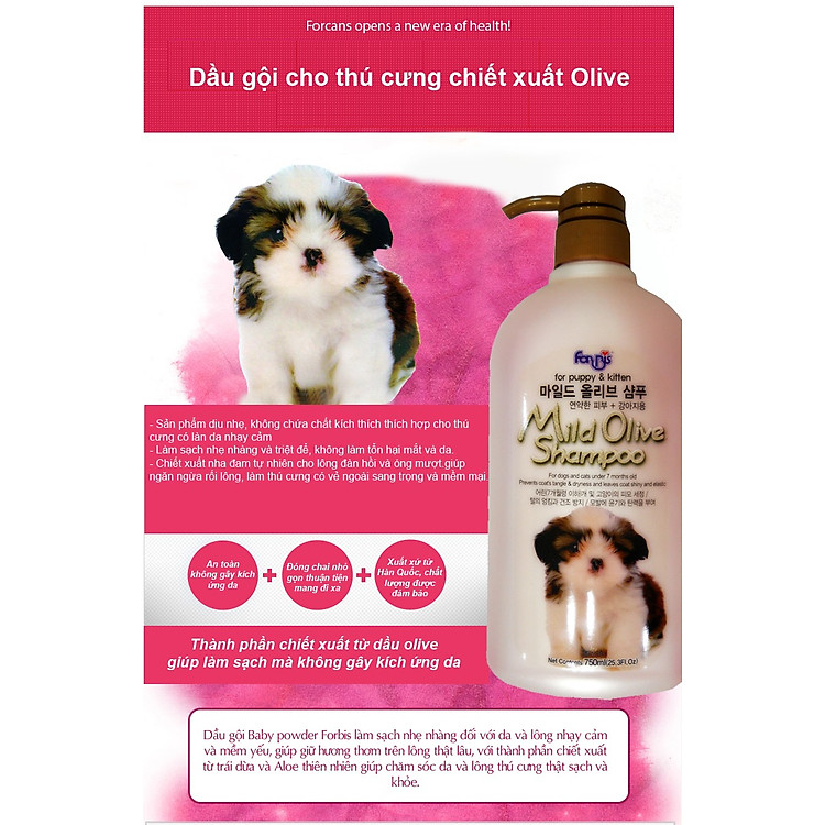 Sữa tắm cho chó mèo con chiết xuất Olive - FORCANS Hàn Quốc 750ML