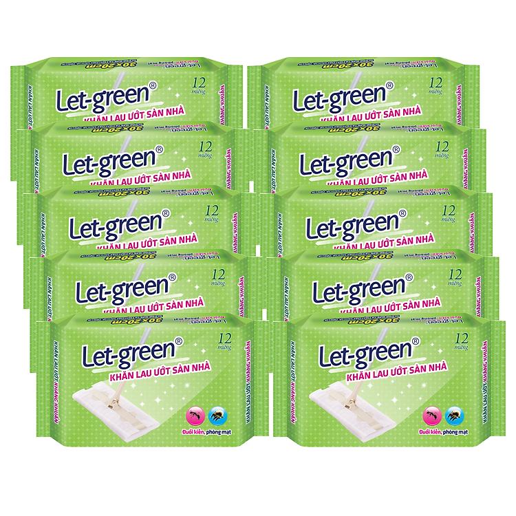 COMBO 10 BAO KHĂN ƯỚT LAU SÀN NHÀ ĐUỔI KIẾN PHÒNG MẠT KHÁNG KHUẨN LET-GREEN 12 MIẾNG
