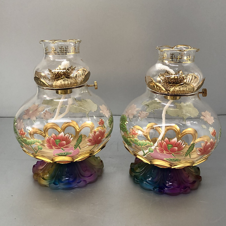 Combo 2 chiếc Đèn thờ đốt dầu đế lưu li ngũ sắc hoạ tiết hoa sen - BH38