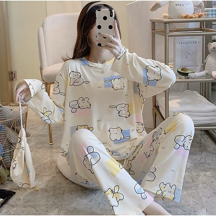 Đồ Mặc Nhà, Đồ Bộ Nữ Thu Đông Dài Tay Họa Tiết Hoạt Hình Dễ Thương Chất Cotton Co Dãn Tốt