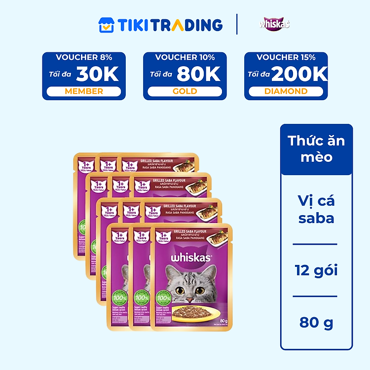 [Combo 12 Gói] Thức Ăn Cho Mèo WHISKAS 1+ years Vị Cá Saba 80g/Gói