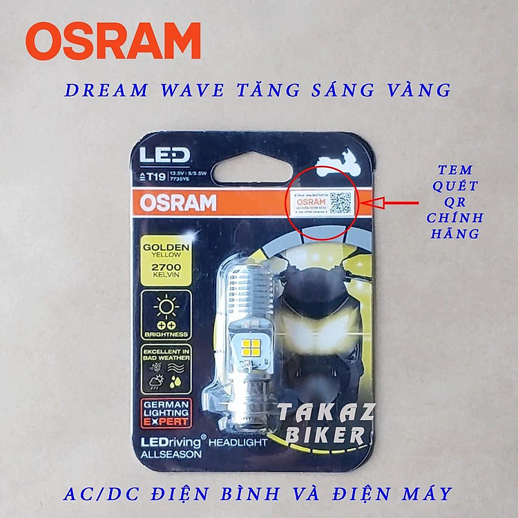 Bóng đèn LED OSRAM T19 Dream, Wave , Airblade xe thái tăng sáng màu vàng phá sương Cường độ màu 2700k Kelvin