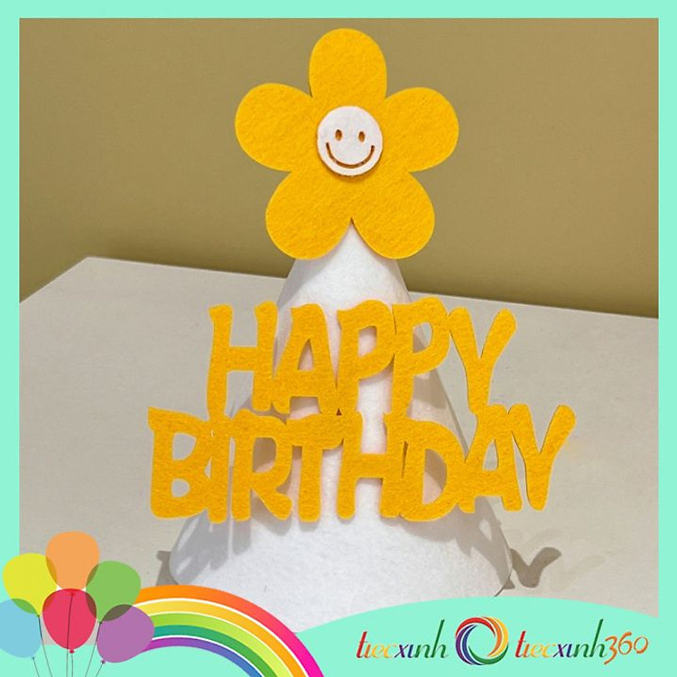 Nón sinh nhật Happy Birthday chóp hoa cúc – Trắng