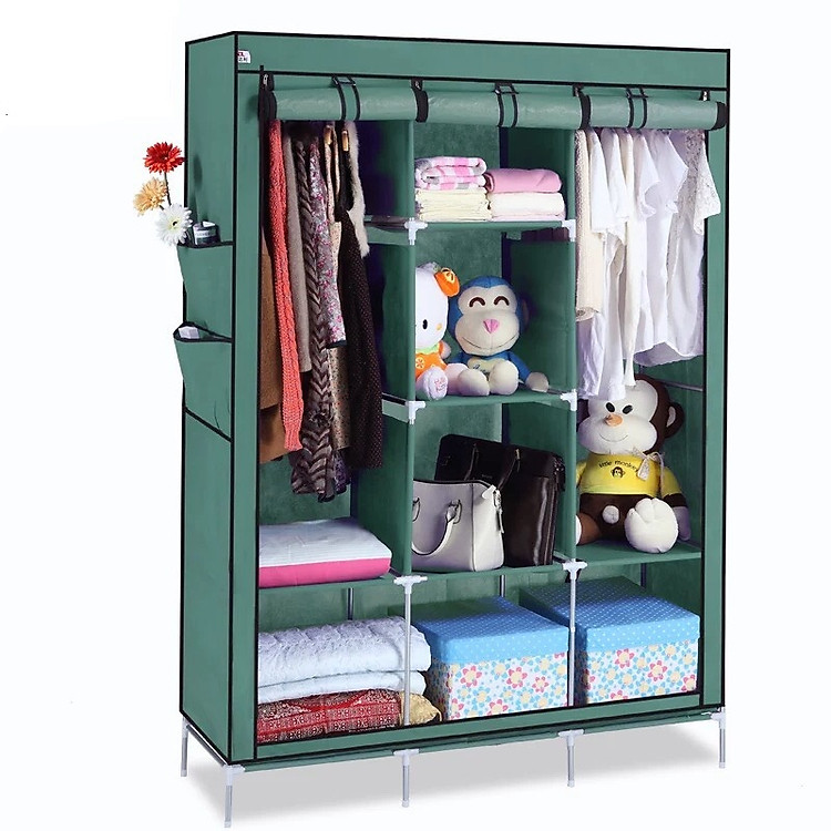 Tủ Vải Đựng Quần Áo 3 Buồng 8 Ngăn ( mẫu trơn ) Tiết Kiệm Diện Tích Cho Gia Đình - Tặng 1 móc kẹp trái tim