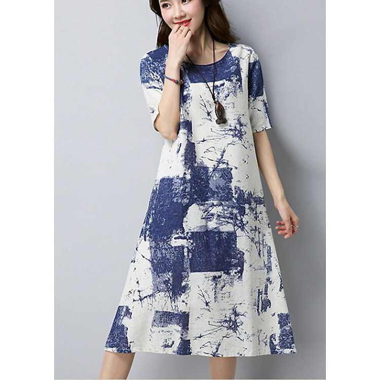 Đầm suông nữ dáng dài vải thô họa tiết, thời trang trung niên