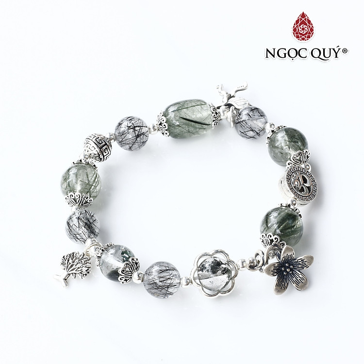 Vòng tay đá thạch anh tóc đen phối hạt hình lu thống tóc xanh charm bạc chữ OM - Ngọc Quý Gemstones