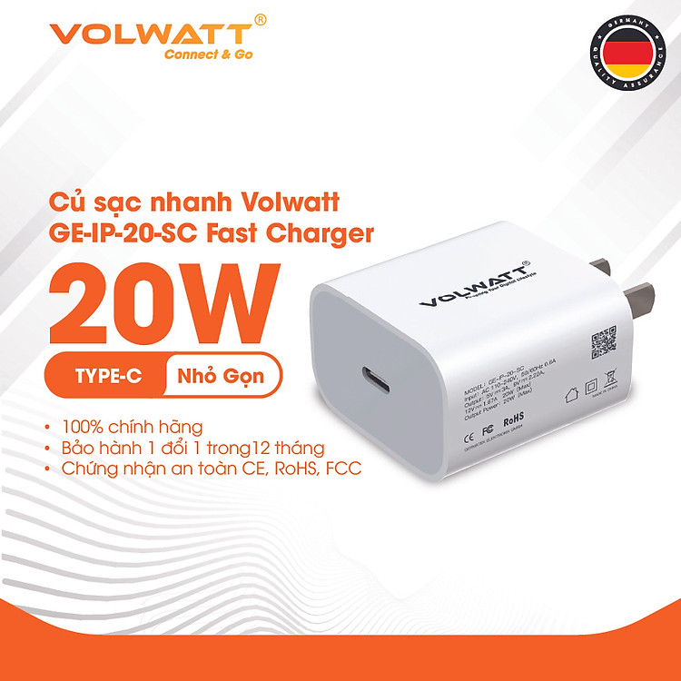 Củ sạc nhanh 20W Volwatt GE-IP-20-SC Hỗ trợ sạc nhanh Type C PD dành cho iPhone / iPad / Smartphone Android - Công nghệ PD 3.0 QC 3.0 - Hàng chính hãng - BH 12 tháng