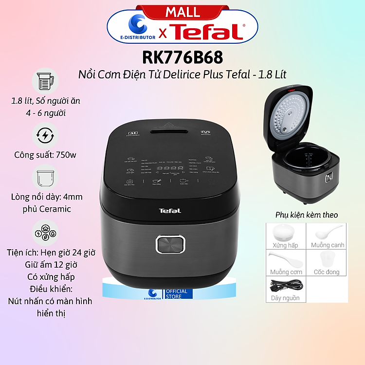 Nồi cơm điện tử Tefal 1.8 lít Delirice Plus RK776968- Hàng Chính Hãng - Dung tích: 1.8 lít, Số người ăn 4 - 6 người Công suất: 750W