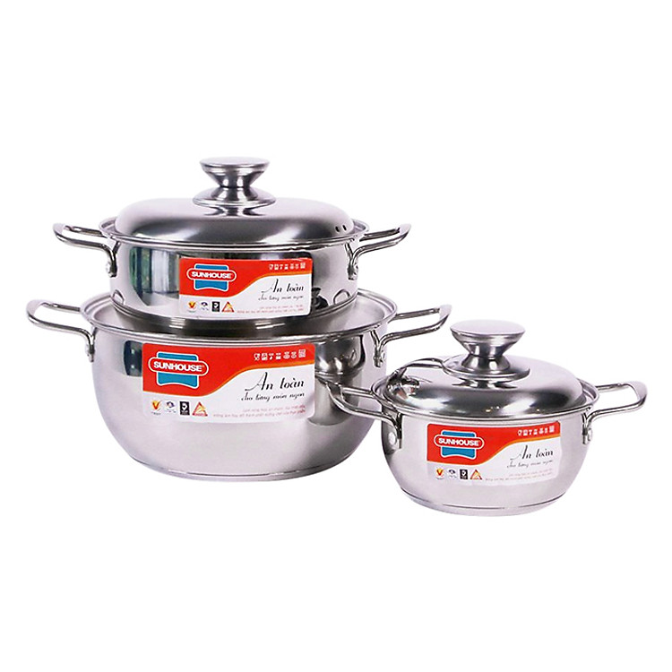 Bộ Nồi Inox 3 Đáy Sunhouse SH335(16cm, 20cm, 24cm ) - Dùng trên mọi loại bếp - Hàng chính hãng