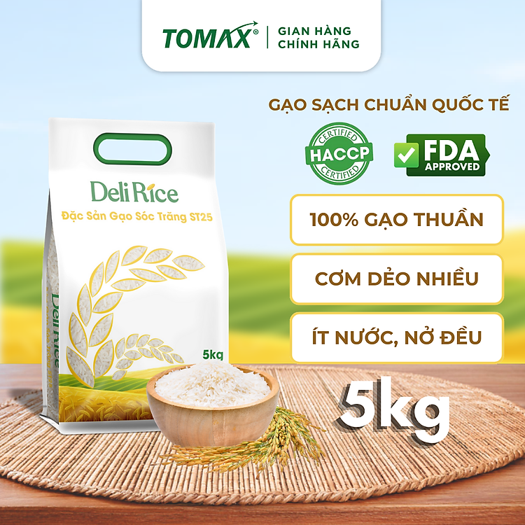 Gạo hữu cơ ST25 Deli Rice thượng hạng, dẻo thơm, ngon nhất thế giới - túi 5kg - TOMAX