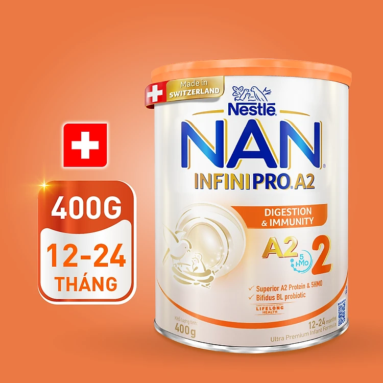 Sữa bột NAN INFINIPRO A2 Thụy Sĩ 2 400g, công thức đầu tiên kết hợp đạm A2 và 5HMO