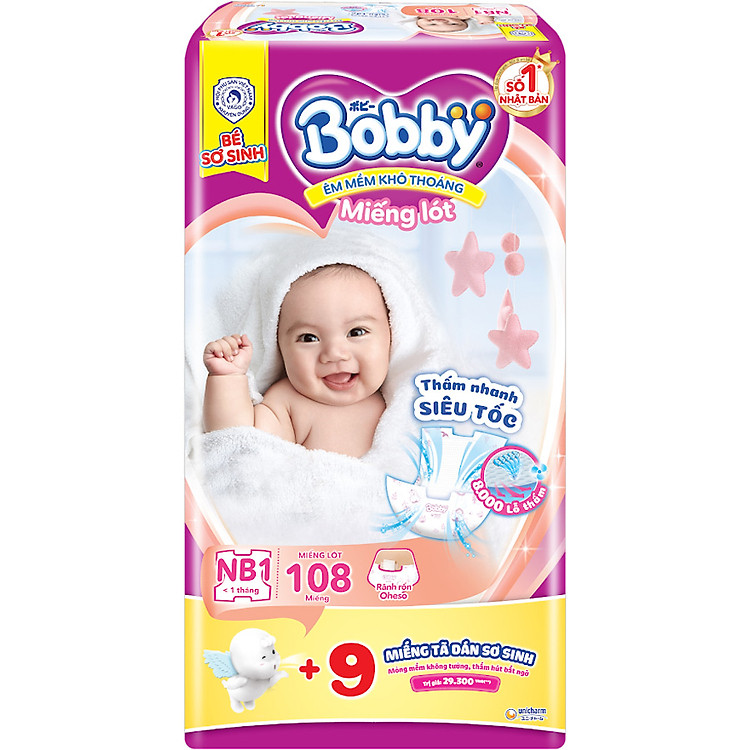 Miếng lót sơ sinh Bobby Newborn 1 - 108 miếng - Tặng 9 miếng Tã dán Sơ sinh size S