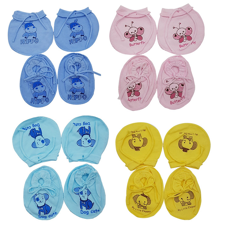 Combo 8 đôi Bao tay + 8 đôi bao chân buộc dây 100% cotton Baby Leo