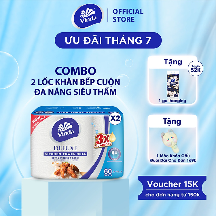 [MUA 2 LỐC KHĂN BẾP CUỘN TẶNG 1 GÓI KHĂN TREO TƯỜNG] Khăn giấy bếp đa năng siêu thấm Vinda Deluxe (6 Cuộn)