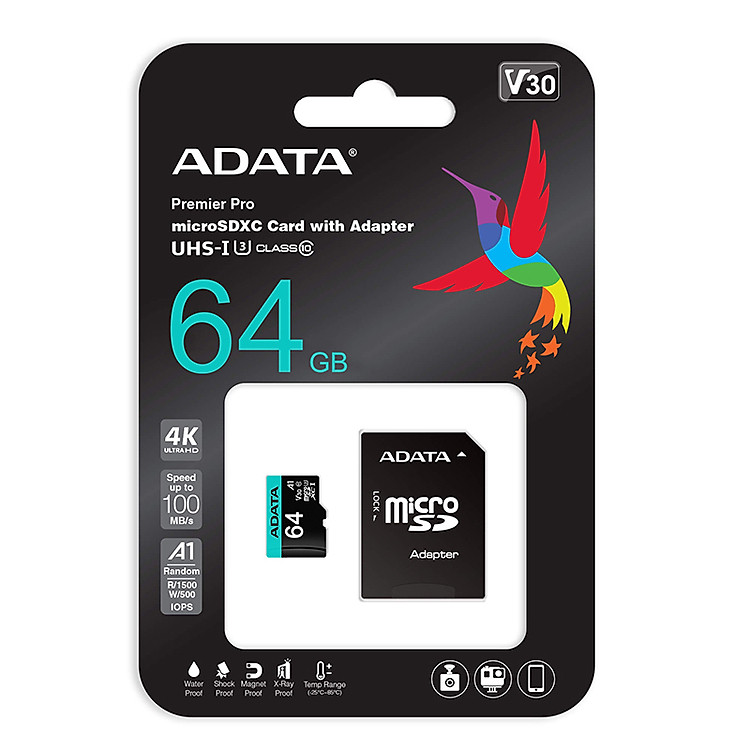 Thẻ nhớ microSDXC ADATA Premier Pro A1 V30S UHS-I U3 64G 100/80MBs - Hàng chính hãng