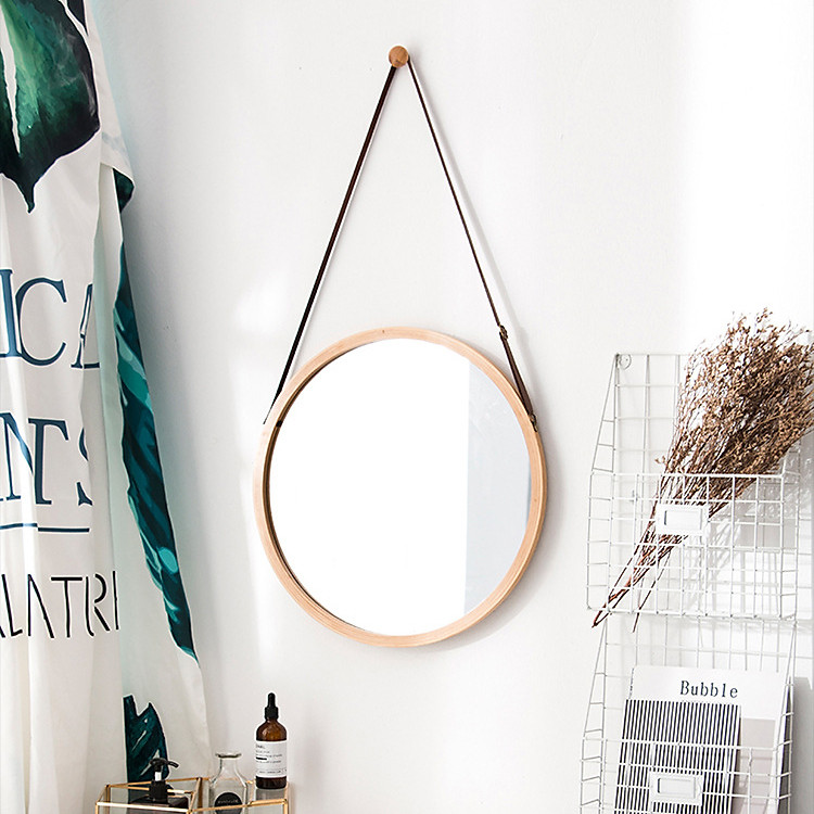 Gương tròn treo tường dây da thật