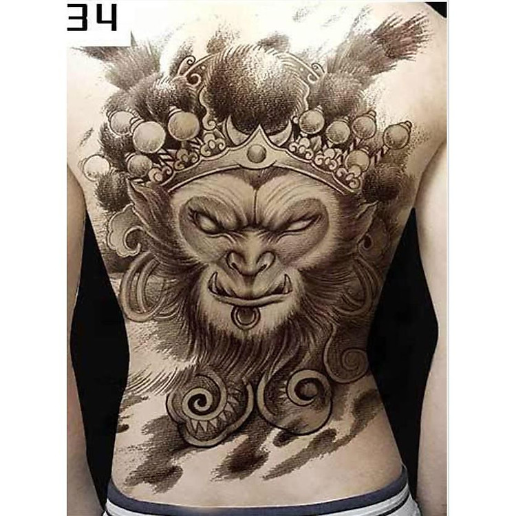Hình xăm dán kín lưng Tề Thiên quỷ trắng đen 34x48cm- tặng bắp tay tattoo 12x19cm