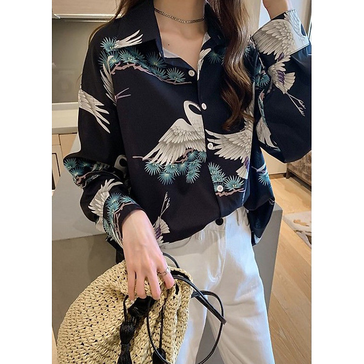 Áo sơ mi nữ in hình hạc