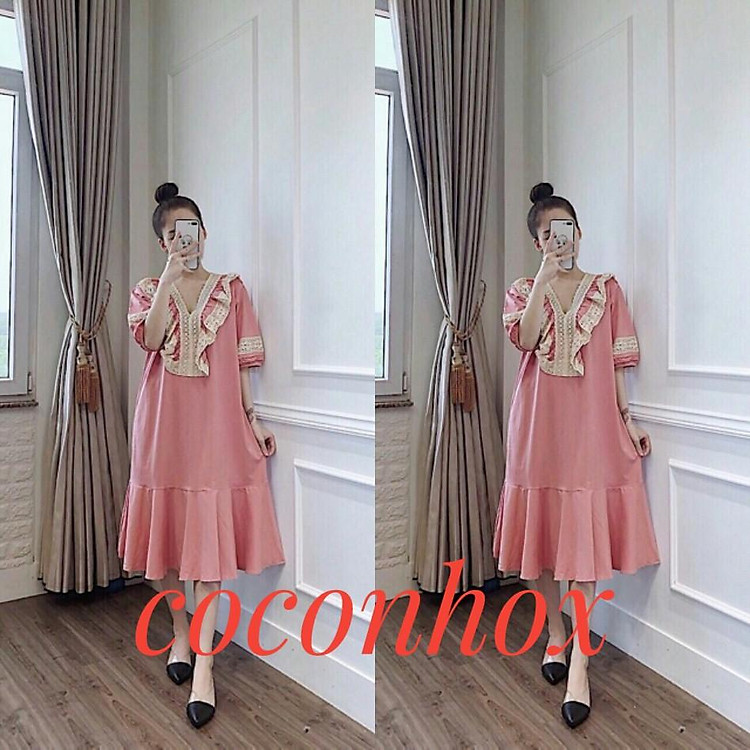 Váy bầu cổ ren bèo ngực chất cotton đẹp mềm mại.