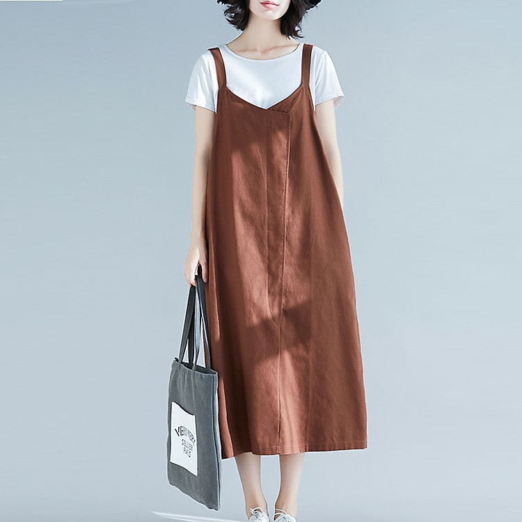 Set đầm bầu yếm kaki và áo thun cộc tay cotton trẻ trung