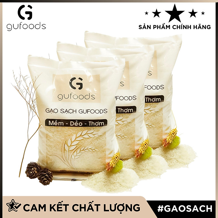 Combo 3 Gạo sạch GUfoods (dẻo - mềm - thơm) (mỗi túi 1kg)