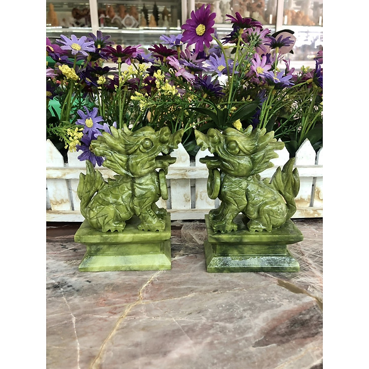 Cặp tượng Kỳ Lân phong thủy đá ngọc ấn độ - Cao 12cm