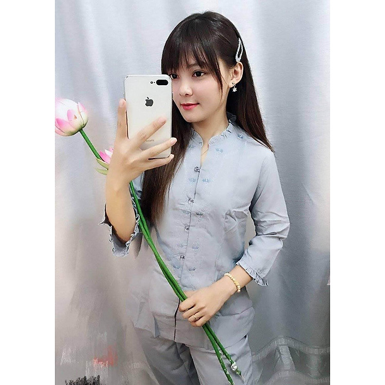 Áo Lam Đi Chùa - Cổ Bèo Kate Màu Xanh Lam