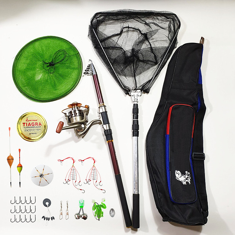 Bộ Cần Câu Cá màu mận +, máy câu cá LC kim loại + Phụ Kiện Đi Câu + túi đựng cần + vợt + giỏ cá