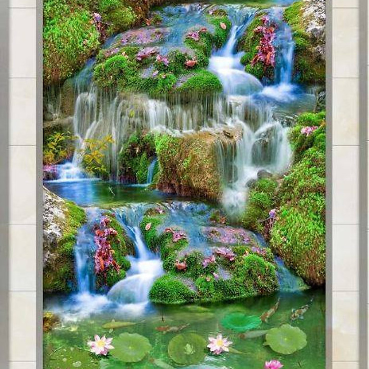 Tranh dán tường 3D thác nước và hoa sen TDT09