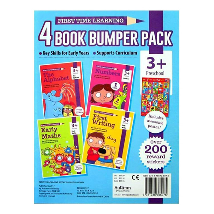 Sách First Time Learning - 4 Book Bumper Pack : The Alphabet , Early Maths , Numbers and First Writing (Ages 3+) (Includes Awesome Poster)