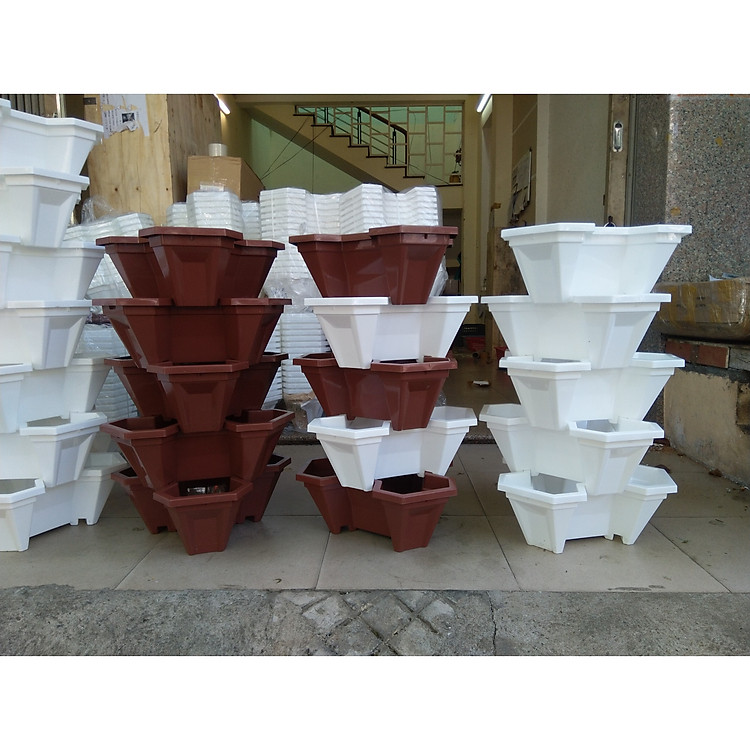 Bộ 2 Tháp trồng rau/ trồng hoa/ trồng dâu tây- 1 tháp 5 chậu- 5 tầng- chất liệu nhựa- hiệu quả cao- giao màu ngẫu nhiên