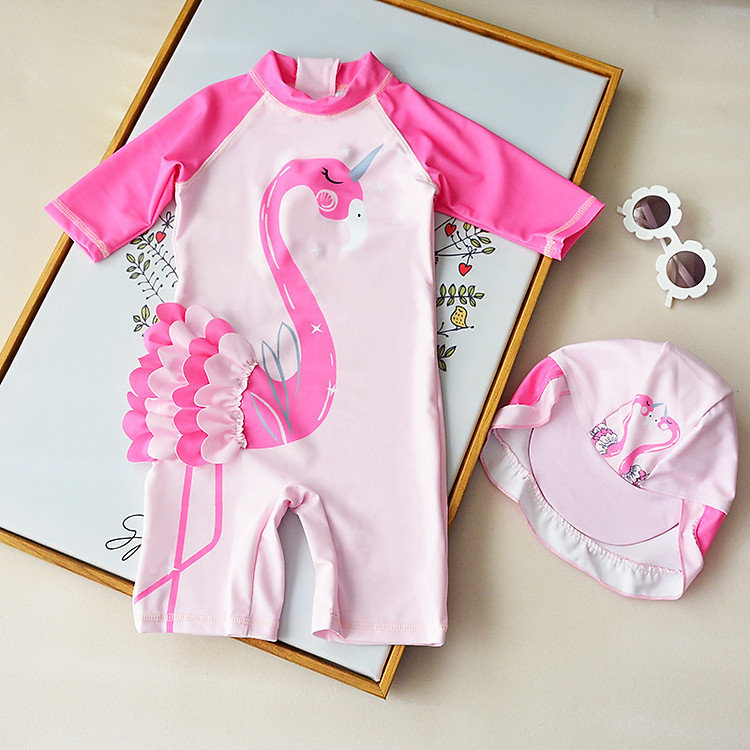 Đồ bơi liền thân cho bé gái thiết kế chim hồng hạc nổi cho bé từ 1 đến 6 tuổi