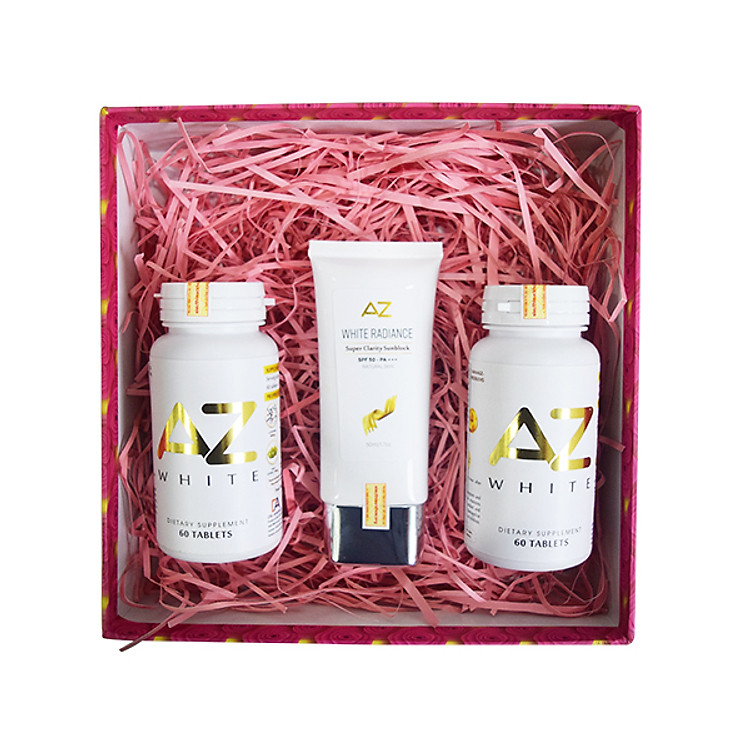 Liệu trình 2 hộp Thực phẩm chức năng AZ White Viên uống trắng da 60 viên + tặng 1 Kem Chống Nắng AZ 50ml SPF 50 - PA +++ (50ml)