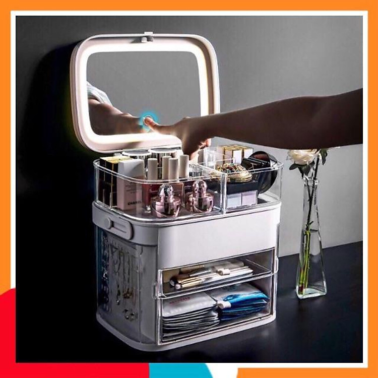 Kệ đựng đồ mỹ phẩm có đenf led, có tay xách cao cấp