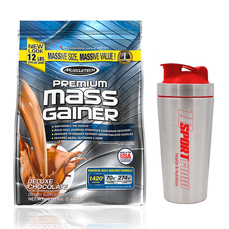 Combo Sữa tăng cân tăng cơ Premium Mass Gainer của Muscle Tech hương Chocolate bịch 5.4 kg hỗ trợ tăng cân tăng cơ nhanh cho người gầy, kén ăn, khó tăng cân, hấp thụ thức ăn tự nhiên kém & Bình INOX 739 ml (Màu Ngẫu Nhiên)