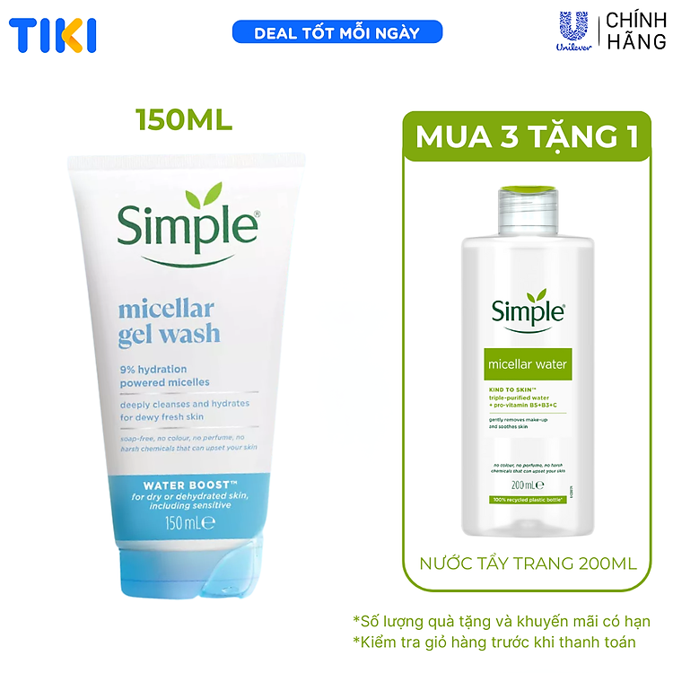 Sữa Rửa Mặt Simple Dưỡng Ẩm Cho Da Dạng Gel 150ml Water Boost Micellar Facial Gel Wash