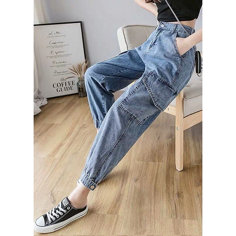 QUẦN JEAN BAGGY NGỐ NỮ FORM RỘNG TÚM CHÂN CÓ NÚT KHÓA