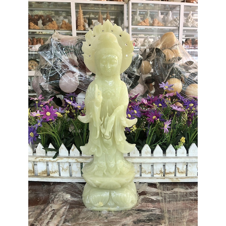 Tượng Phật Bà Quan Thế Âm Bồ Tát tỏa hào quang đứng đài sen đá ngọc Onyx - Cao 35 cm