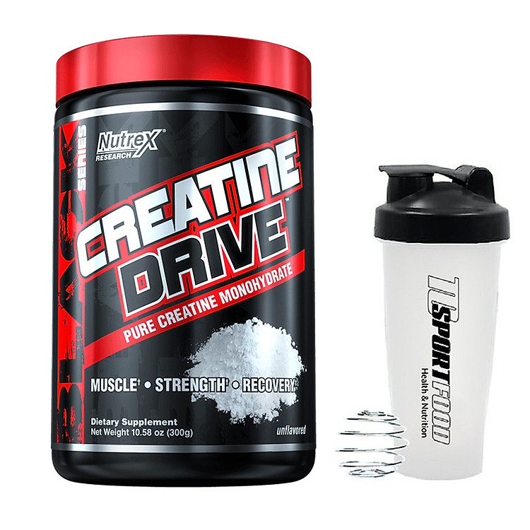 Combo Thực phẩm bổ sung Creatine Drive của Nutrex 60 lần dùng hỗ trợ tăng sức bền, sức mạnh, độ dày cơ bắp & Bình lắc 600ml (Màu ngẫu nhiên)