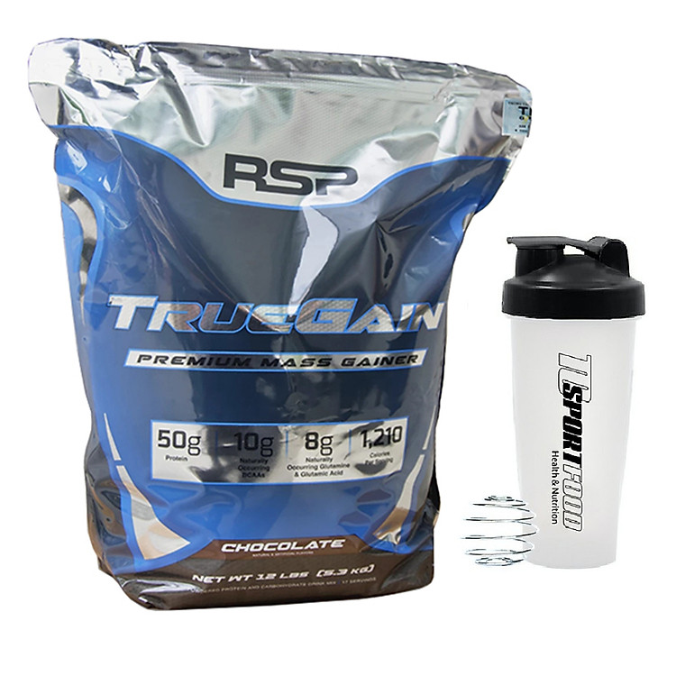 Combo Sữa tăng cân tăng cơ True Gain của RSP hương Chocolate bịch lớn 5.3kg hỗ trợ tăng cân tăng cơ nhanh cho người gầy, kén ăn, khó hấp thu & Bình lắc 600ml (Mẫu ngẫu nhiên)