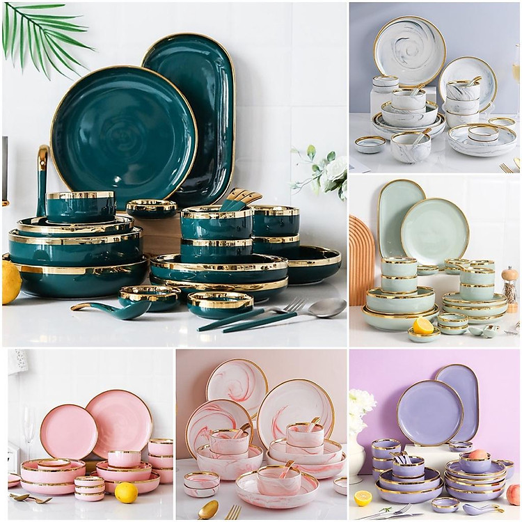 Bộ bát đĩa chén sứ 26 món Viền Vàng Cao Cấp (chọn nhiều màu)