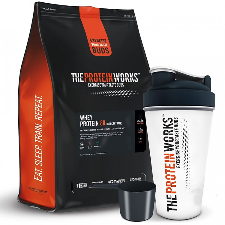 Combo Sữa tăng cơ vị táo quế - Whey Protein 80 (Concentrate) - The protein works - 1kg 40 lần dùng & Bình lắc 700 ml