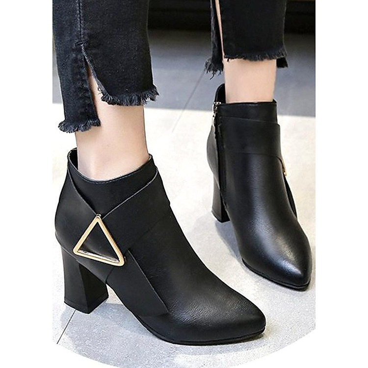 Giày boot nữ cổ trung da pu mềm,gót vuông đi nhiều êm chân-00852