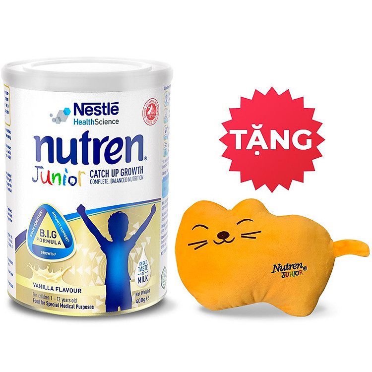 Sản phẩm dinh dưỡng y học Nutren Junior cho trẻ từ 1-12 tuổi 400g tăng trưởng 3 chuẩn: Thế chất, Đề kháng, Tư duy - Tặng gối con mèo