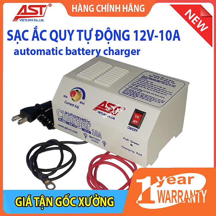 Sạc bình ắc quy tự động 12V 10A AST - Hàng chính hãng - do Công ty Việt Linh AST sản xuất, điều chỉnh được dòng sạc, tự ngắt khi đầy và tự động sạc lại khi bình cạn, chống ngược cực