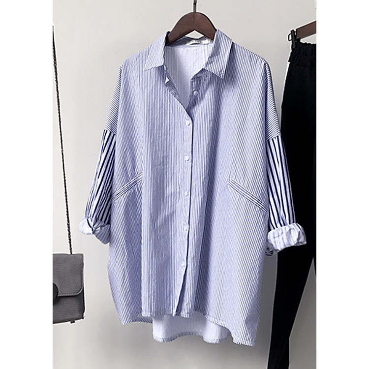 Aó sơ mi nữ sọc kẻ dáng rộng phong cách bụi bặm đường phố